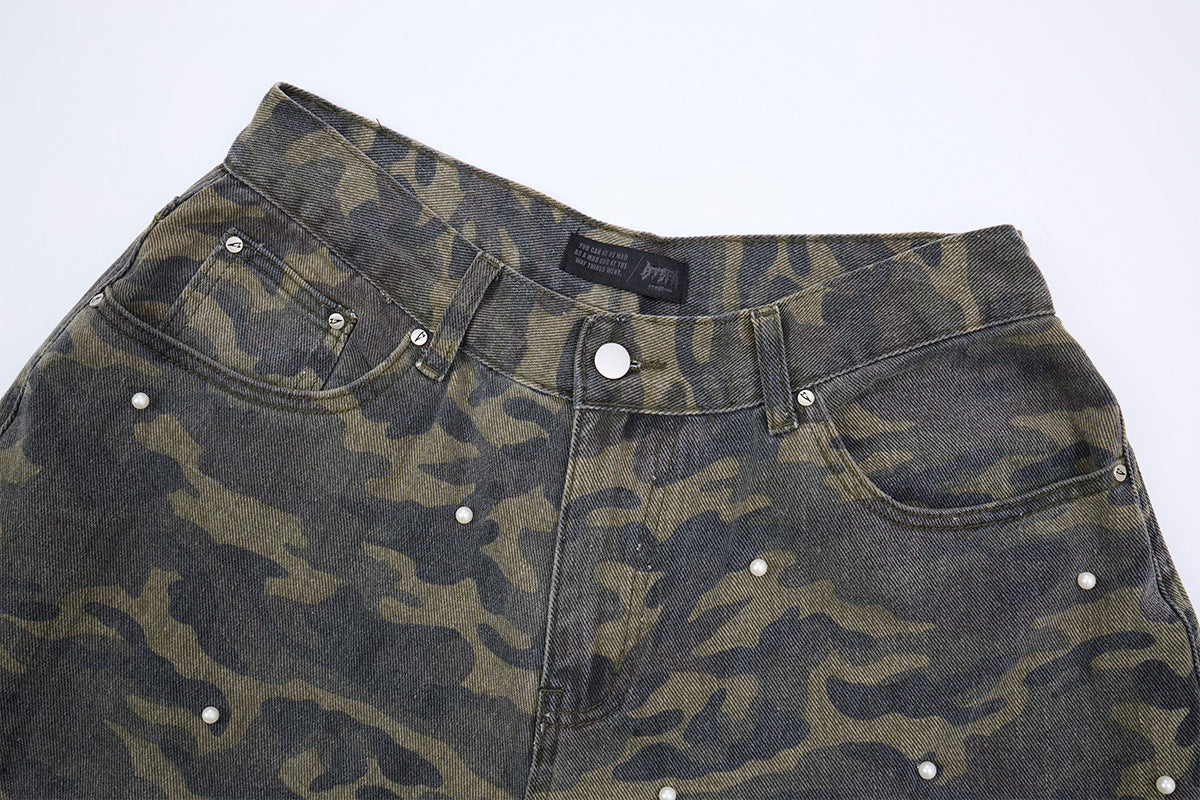 Pantalon cargo droit camouflage à clous perles – Denim à jambes larges