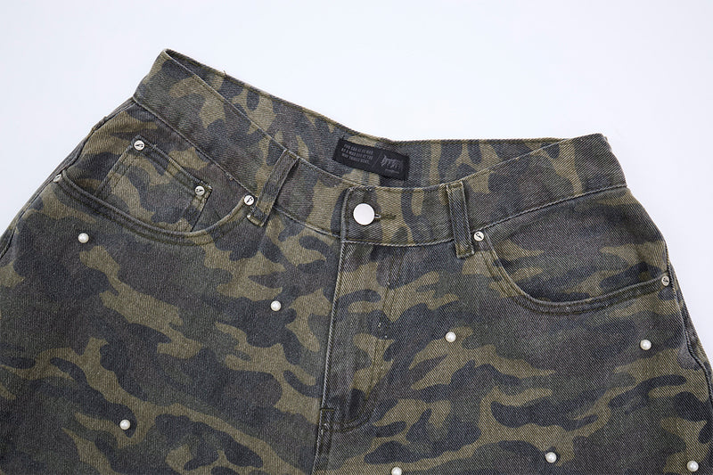 Pantalon cargo droit camouflage à clous perles – Denim à jambes larges