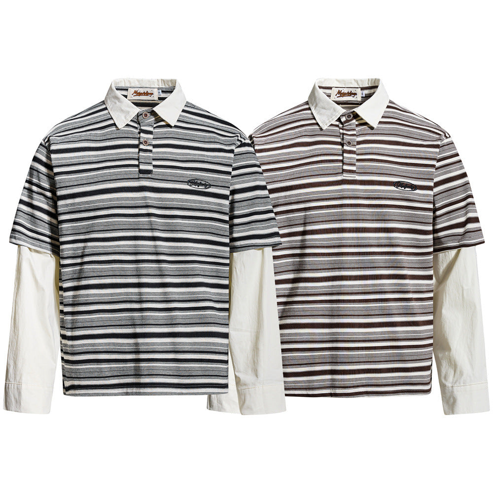 Striped Faux Two-Piece Polo Shirt – Relaxed Fit Long Sleeve with Contrast Woven