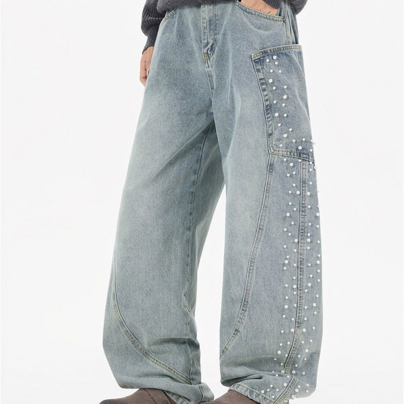 Pearl-Studded Wide-Leg Denim Cargo Jeans – Vintage Washed Scimitar Cut