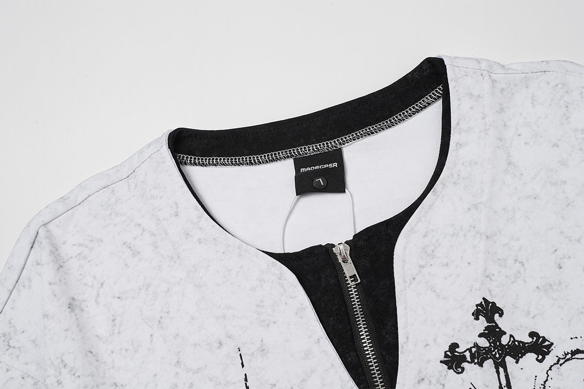 Gothic Graphic Long Sleeve Shirt – Oversized Religious Print, Zip Neckline