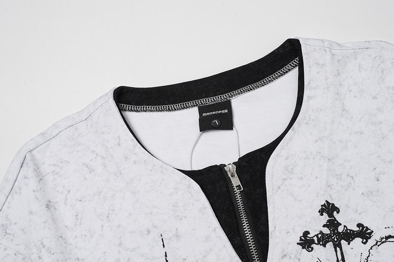 Gothic Graphic Long Sleeve Shirt – Oversized Religious Print, Zip Neckline