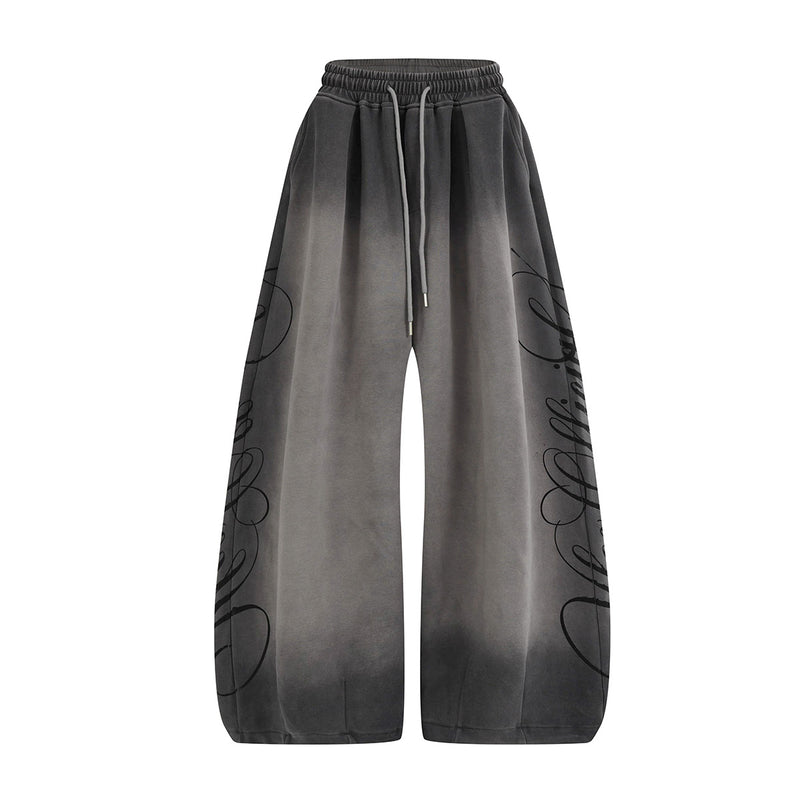 Pantalon de survêtement à jambes larges – Imprimé lettrage gris dégradé délavé, coupe baggy