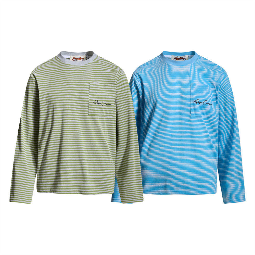 T-shirt homme à manches longues rayé avec poche – Coupe décontractée à col rond