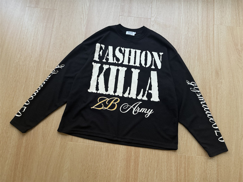 Fashion Killa Oversized Long Sleeve Graphic Tee – Waffle Knit Streetwear Top