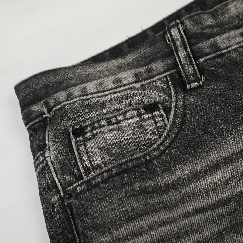 Wide-Leg Flare Jeans – Vintage Washed Black Distressed Denim with Crease Detail