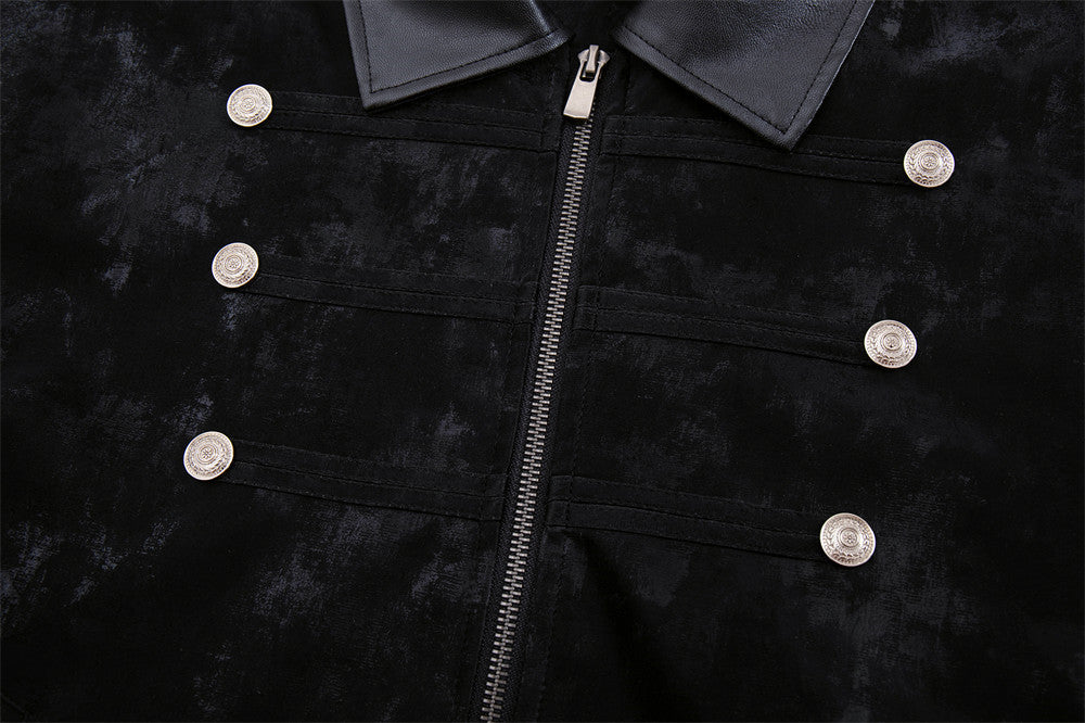 Men's Military Style Jacket – Black Velvet Double-Breasted Zip-Up with PU