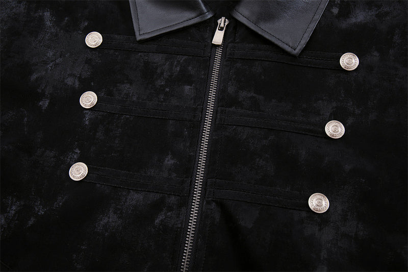 Men's Military Style Jacket – Black Velvet Double-Breasted Zip-Up with PU