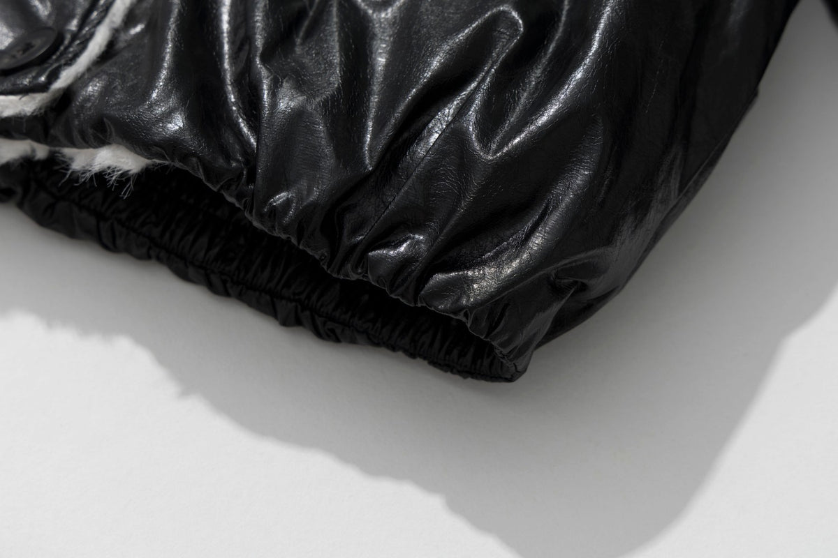 Sherpa Lined Leather Jacket – Black Faux Leather Cropped Bomber with Fleece