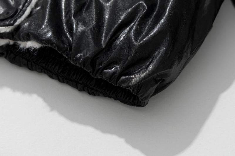 Sherpa Lined Leather Jacket – Black Faux Leather Cropped Bomber with Fleece