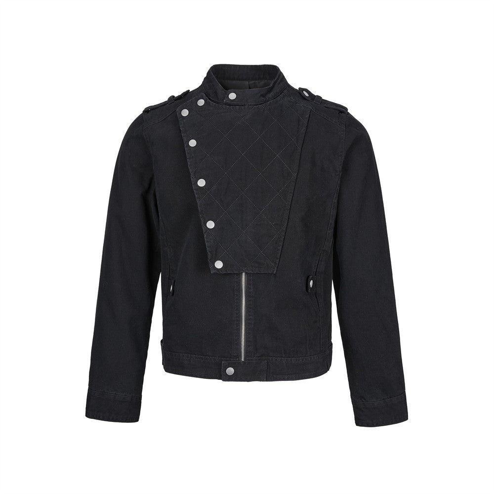 Men's quilted panel moto biker jacket with stand collar and asymmetric snap closure in washed black