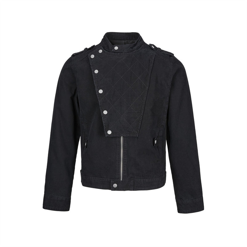 Men's quilted panel moto biker jacket with stand collar and asymmetric snap closure in washed black