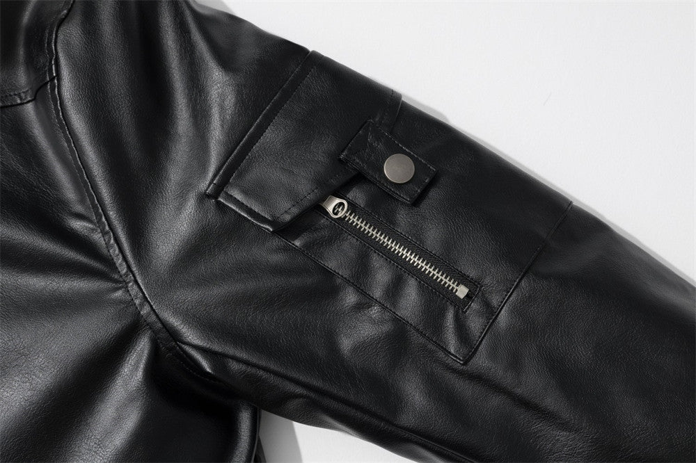 Men's Black PU Leather Bomber Jacket with Faux Fur Collar & Large Cargo Pockets