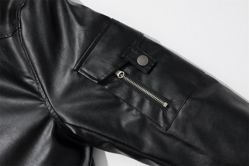 Men's Black PU Leather Bomber Jacket with Faux Fur Collar & Large Cargo Pockets