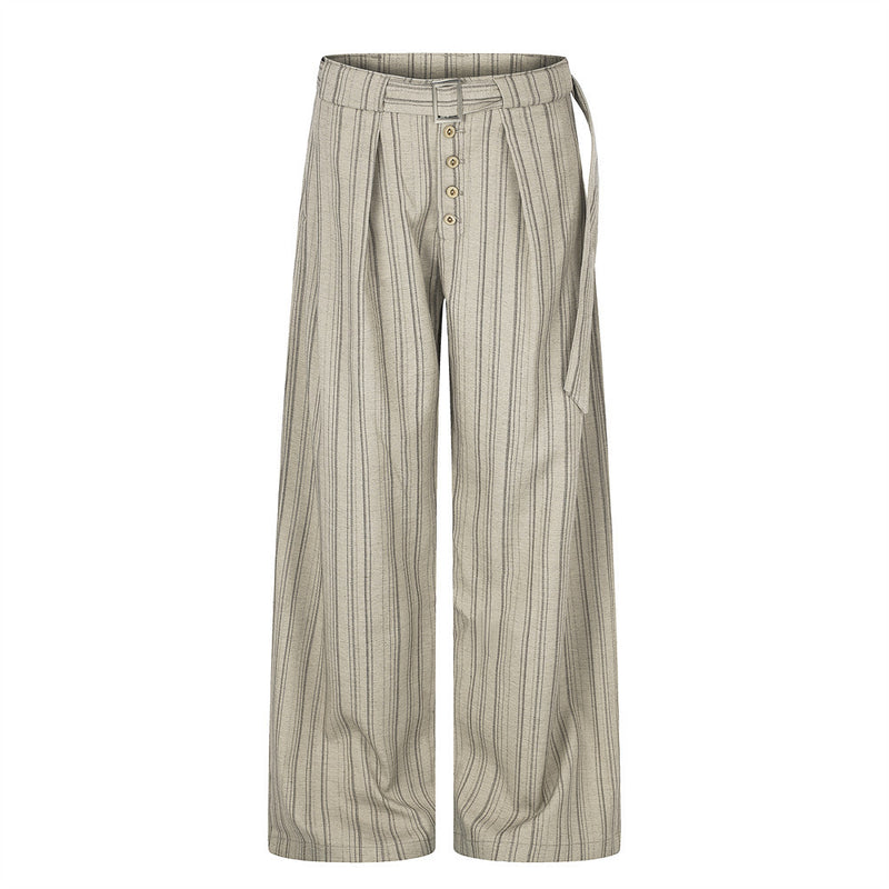 Men's Striped Wide-Leg Trousers with Button Fly and Belt