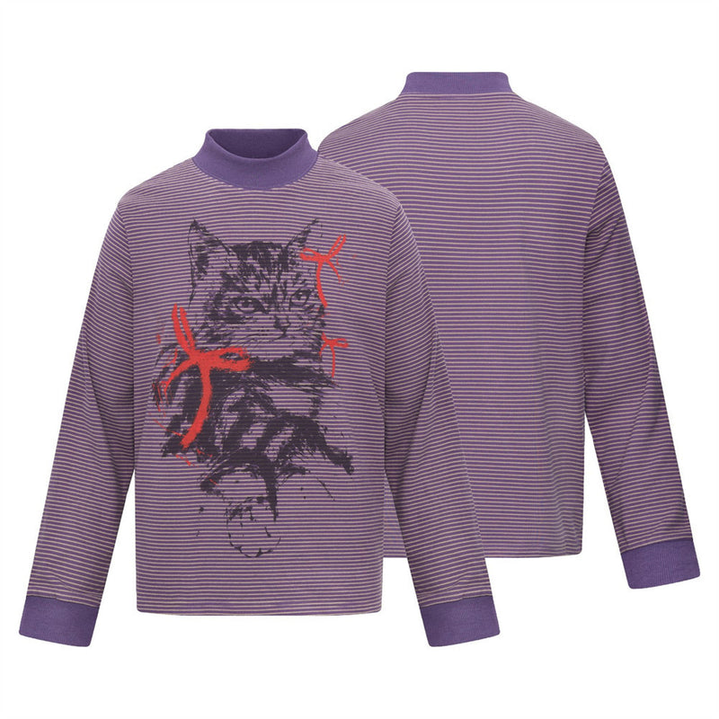 Men's Striped Mock Neck Long Sleeve Tee with Cat Graphic Print