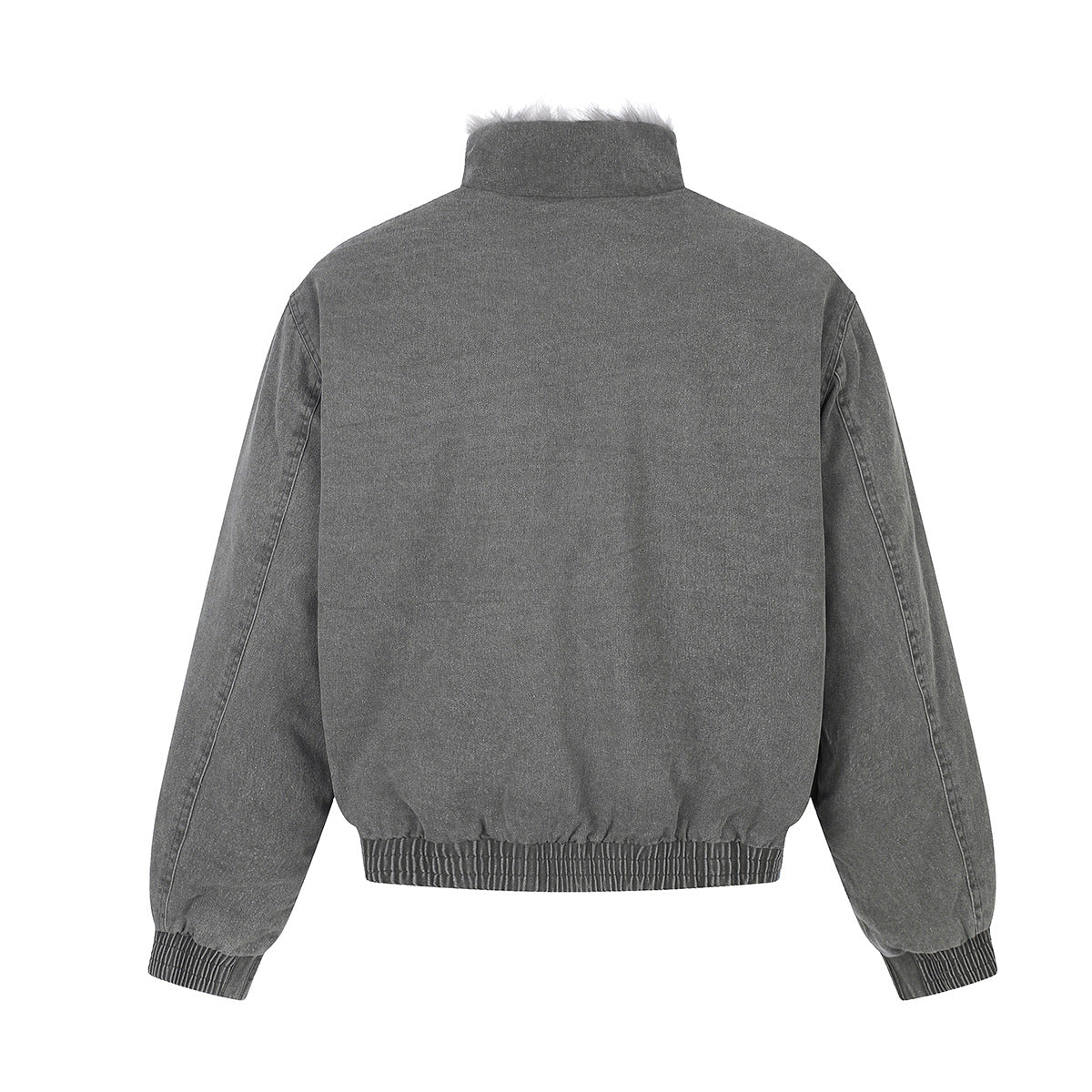 Washed Grey Denim Bomber Jacket with Faux Fur Collar Lining