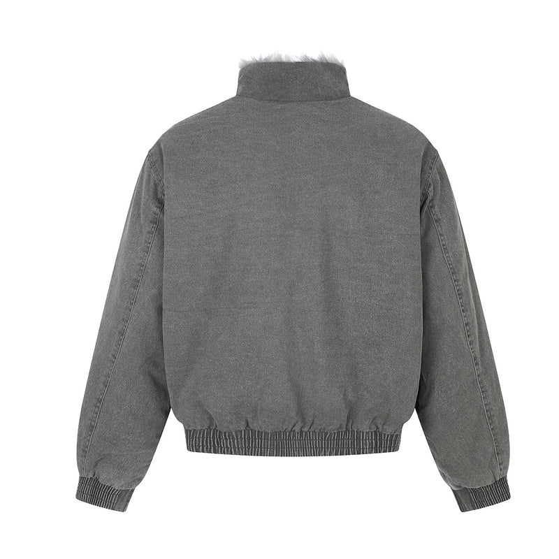 Washed Grey Denim Bomber Jacket with Faux Fur Collar Lining