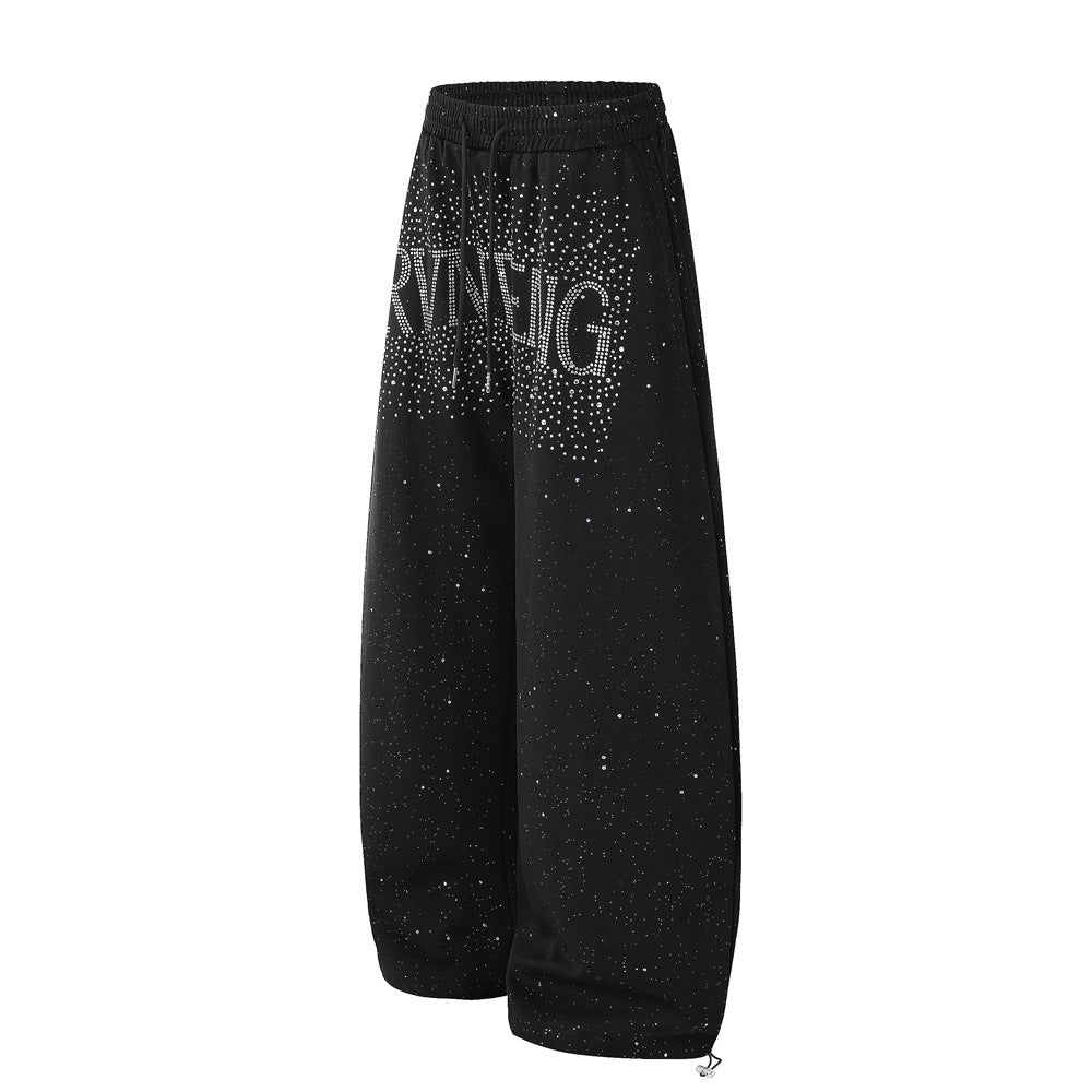 Men's Wide-Leg Sweatpants with Rhinestone Letter Print & All-Over Starry Sparkle