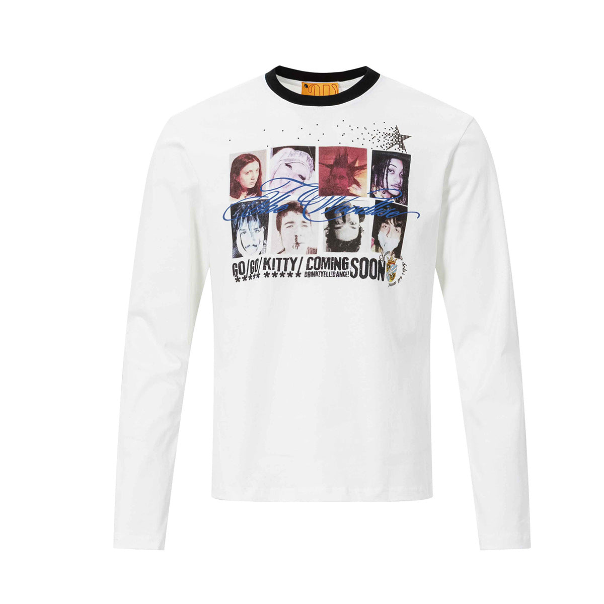 T-shirt graphique à manches longues et col rond – Motif portrait punk, coupe ajustée