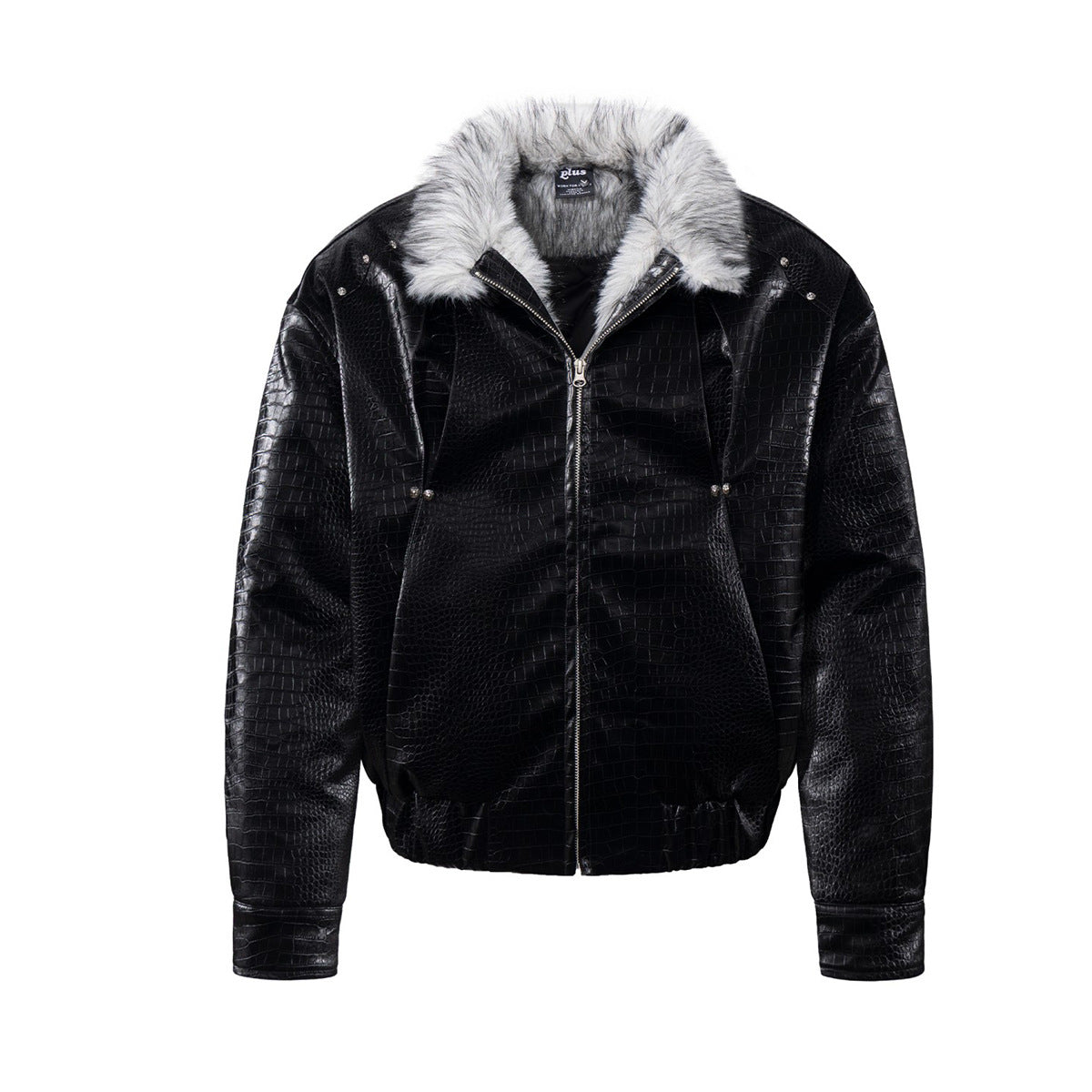 Croc-Embossed Faux Leather Bomber Jacket with Fur Collar