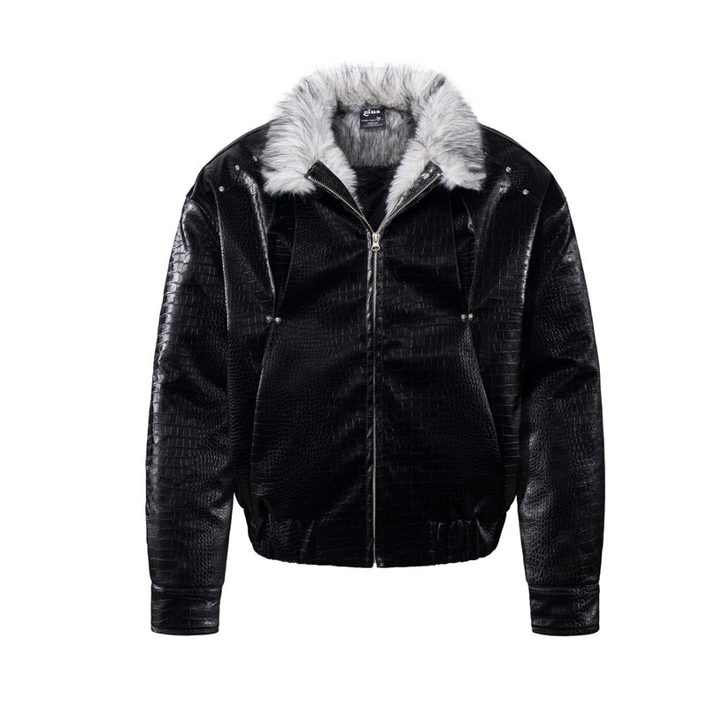 Croc-Embossed Faux Leather Bomber Jacket with Fur Collar