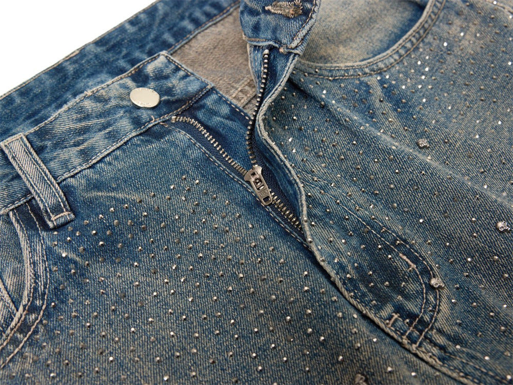 Wide-Leg Jeans Men – Vintage Wash Rhinestone Straight-Fit Denim