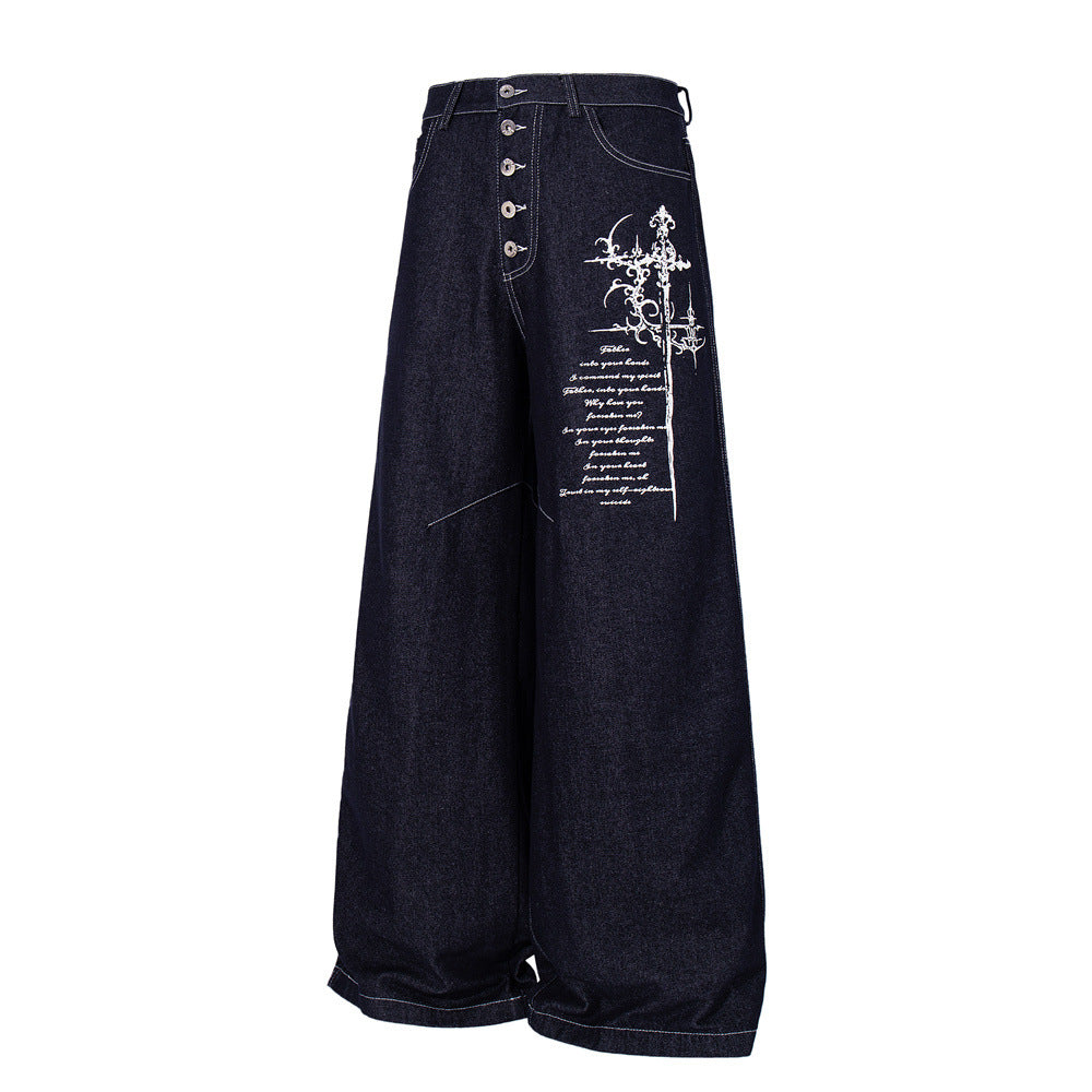 Wide-Leg Jeans with Gothic Cross & Script Embroidery, Button Fly, Dark Indigo