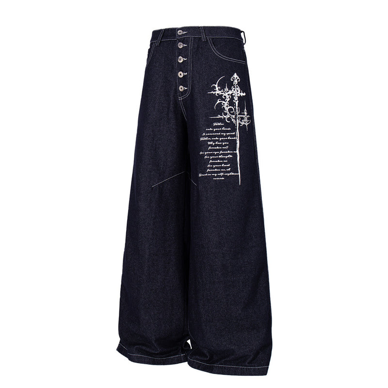 Wide-Leg Jeans with Gothic Cross & Script Embroidery, Button Fly, Dark Indigo