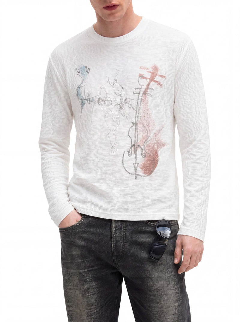 Long Sleeve Graphic Shirt – Cello Musician Sketch Print, Relaxed Fit