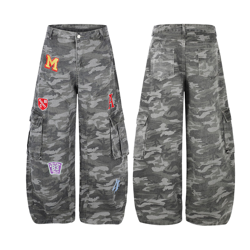 Camo Wide-Leg Cargo Denim Pants with Varsity Patches