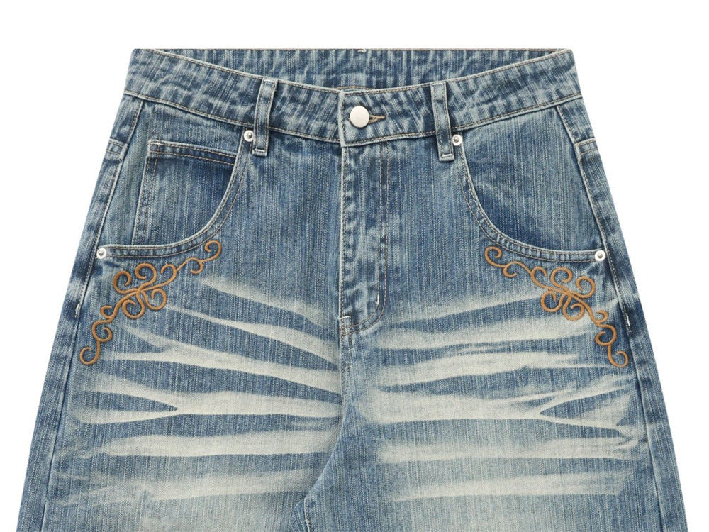 Light Blue Baggy Jeans Men – Vintage Wash Wide-Leg Denim with Punk Embroidery