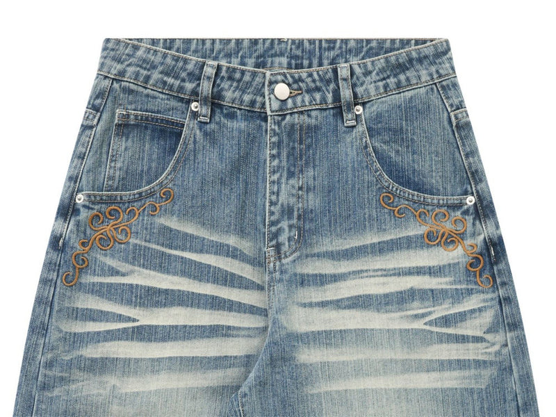 Light Blue Baggy Jeans Men – Vintage Wash Wide-Leg Denim with Punk Embroidery