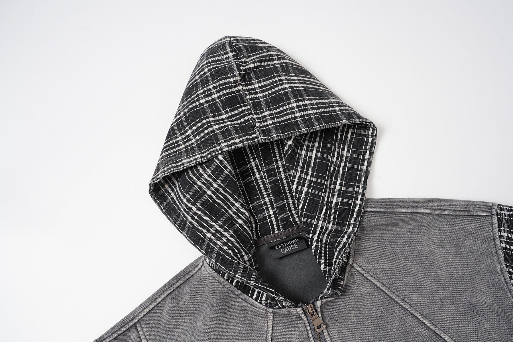 Sudadera con capucha y cremallera de patchwork de cuadros — Chaqueta extragrande de felpa y franela lavadas
