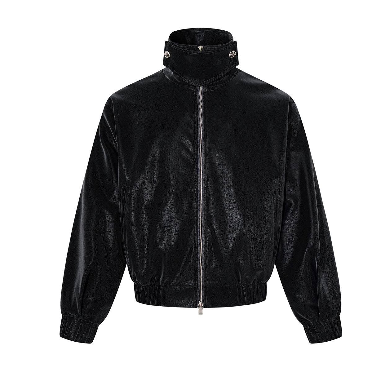 Oversized Black Leather Jacket Faux PU Bomber with High Collar
