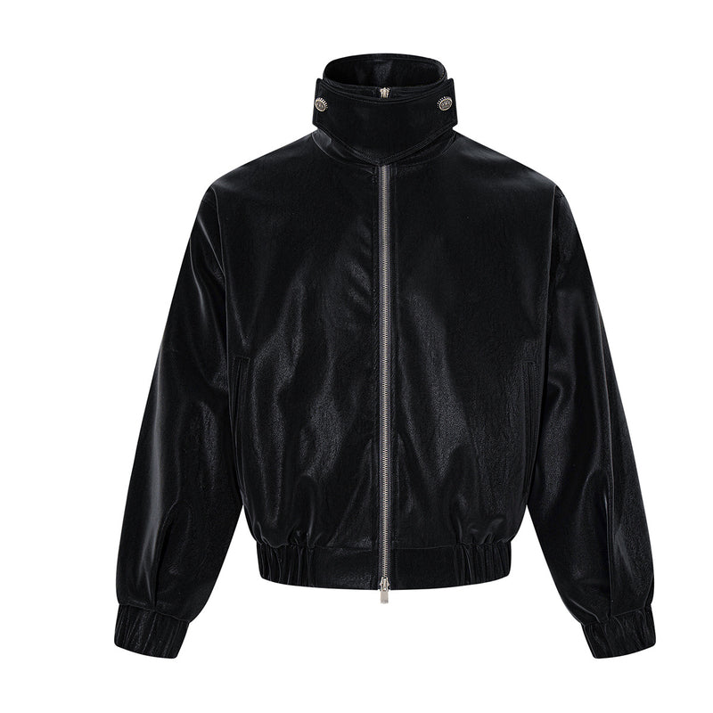Oversized Black Leather Jacket Faux PU Bomber with High Collar