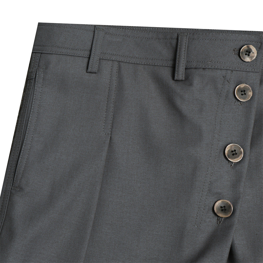 Wide-Leg Pleated Trousers – Diagonal Button Fly, Relaxed Silhouette