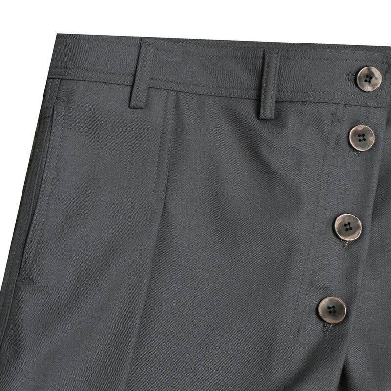 Wide-Leg Pleated Trousers – Diagonal Button Fly, Relaxed Silhouette