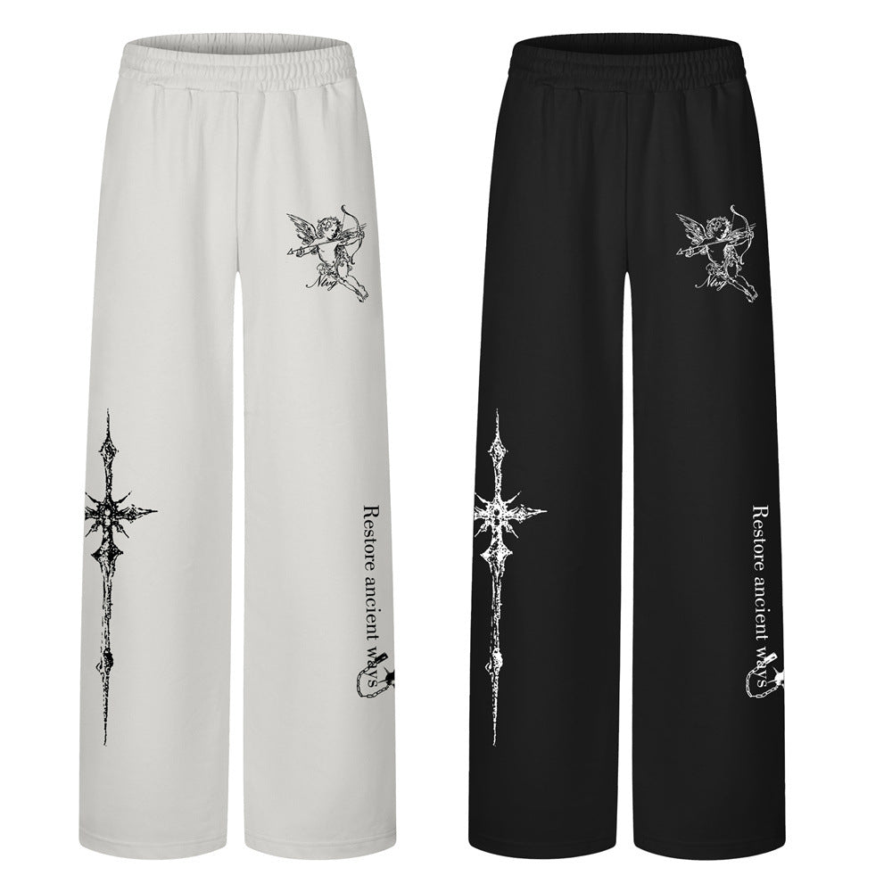 Dark Cross & Angel Print Wide-Leg Sweatpants – Relaxed Straight Fit