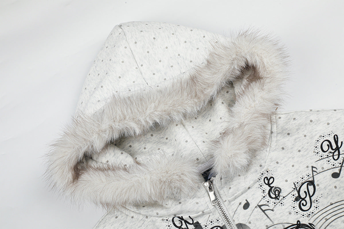 Sweat à capuche zippé avec bordure en fausse fourrure, ange anime et notes de musique