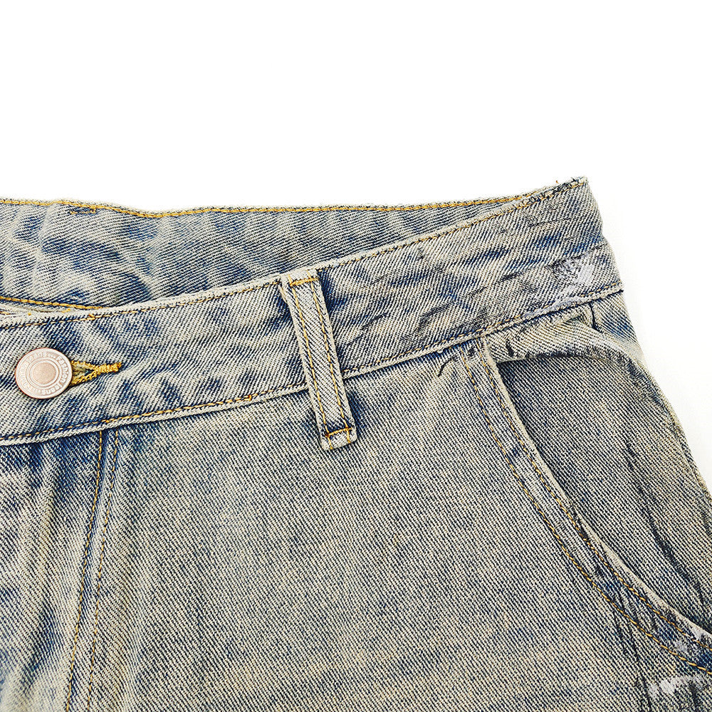 Hand-Painted Splatter Distressed Cargo Denim Shorts