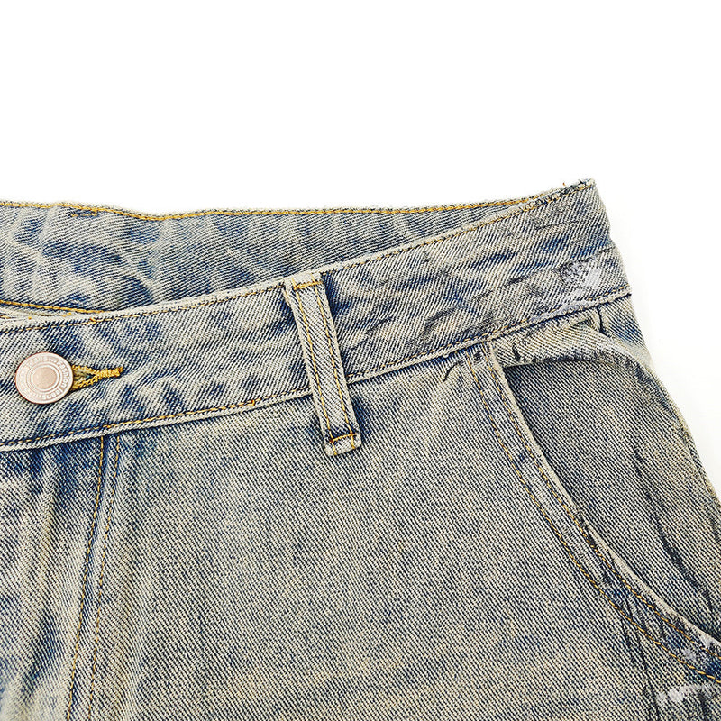 Hand-Painted Splatter Distressed Cargo Denim Shorts