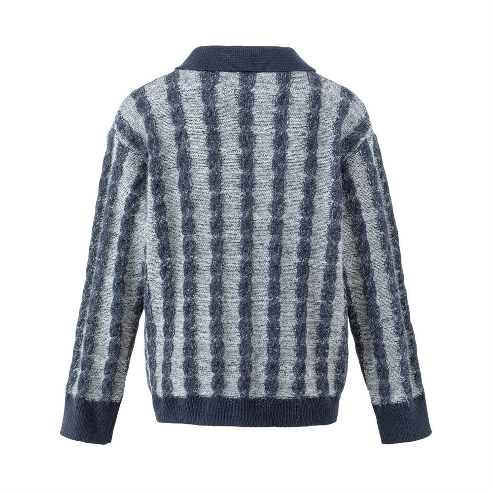 Men's Long Sleeve Sweater Polo – Vertical Stripe Half-Button Knit