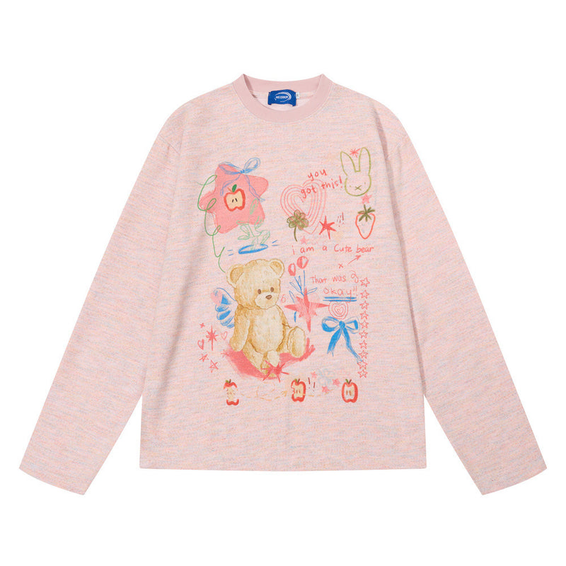 ヘザーピンクとヘザードクリームのキュートなベア＆落書きプリント、オーバーサイズロングスリーブグラフィックTシャツ