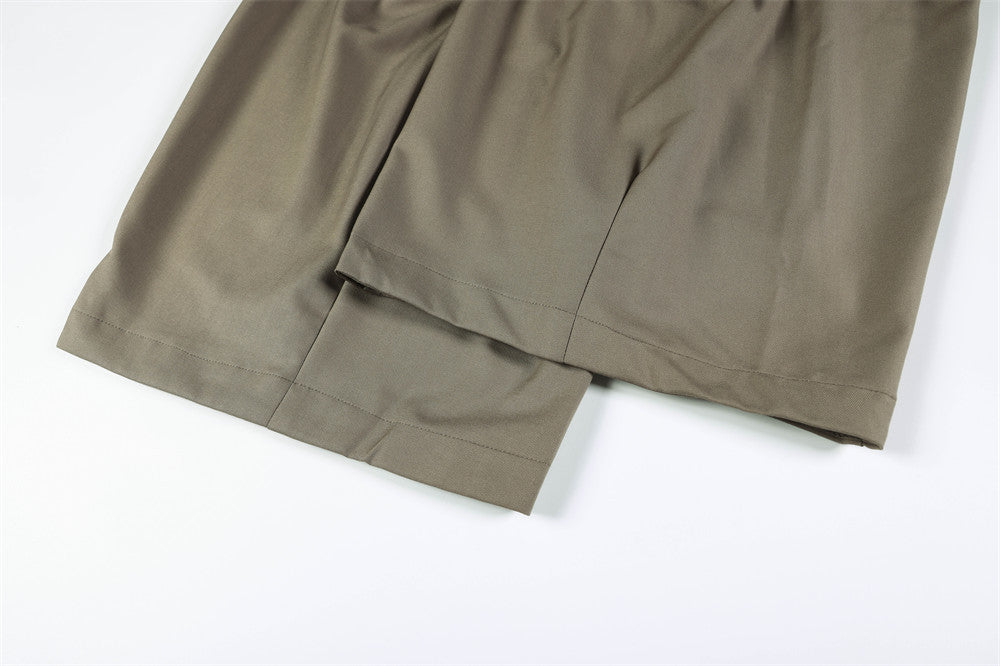 Wide-Leg Trousers with Gingham Fold-Over Waistband – Relaxed Drape Dress Pants