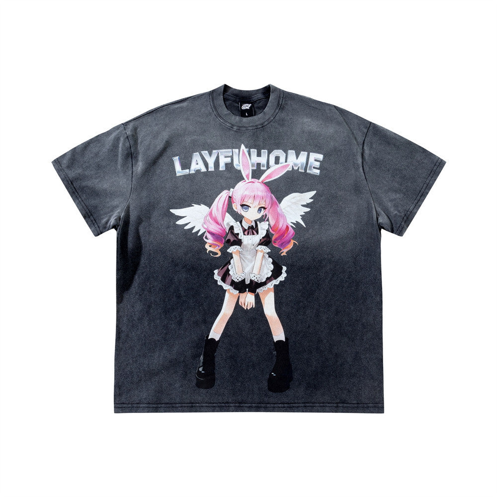 Camiseta gráfica rosa para hombre – Camiseta extragrande lavada al ácido con ángel maid de anime