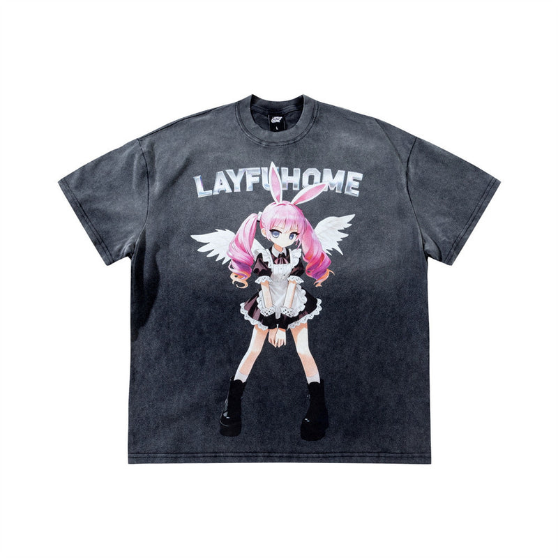 Camiseta gráfica rosa para hombre – Camiseta extragrande lavada al ácido con ángel maid de anime