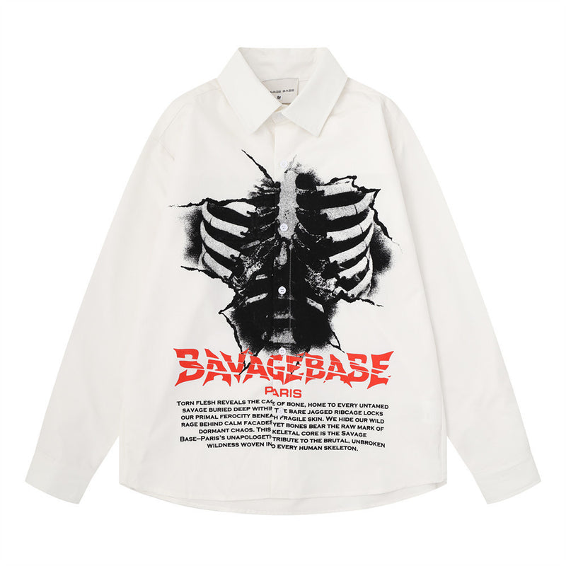 Savage Base Paris Skeleton Print Long Sleeve Shirt – Men's Oversized Dark