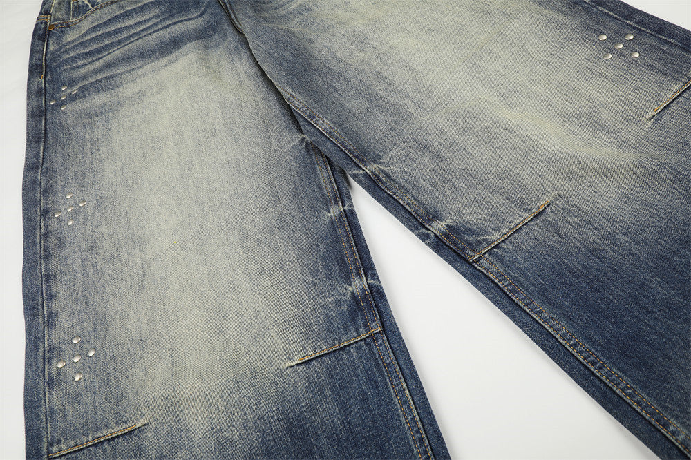 Wide-Leg-Baggy-Jeans – Vintage-Gradient-Wash mit Nieten-Details