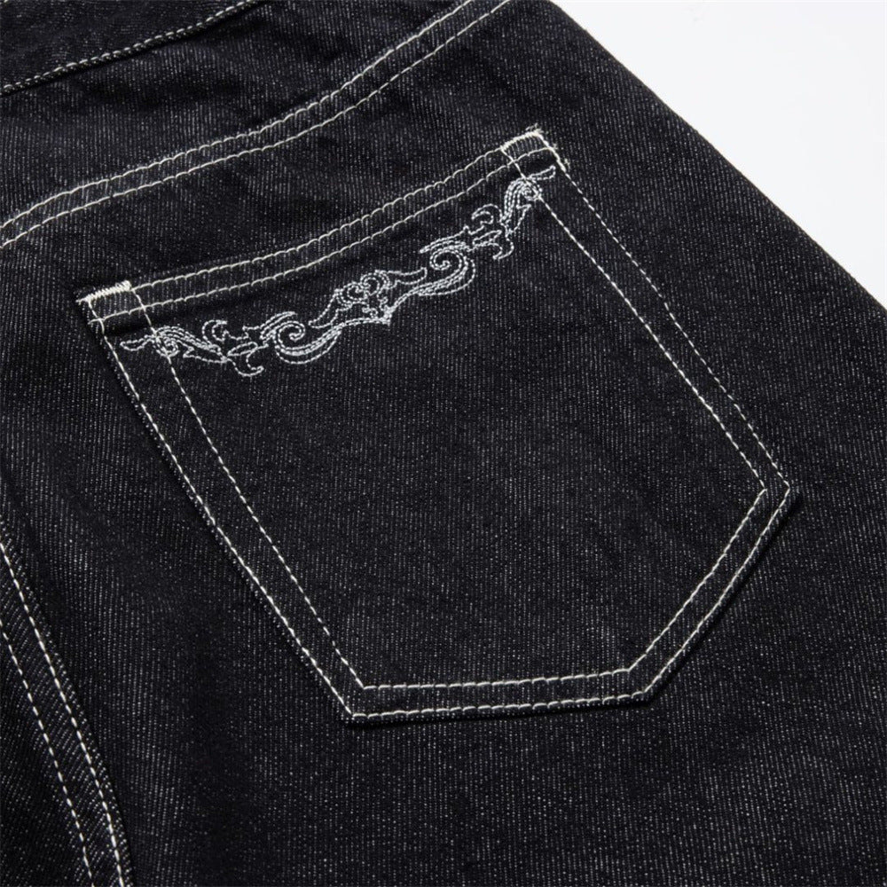 Black Wide-Leg Jeans – Metal Hook Closure & Contrast Stitching Streetwear Denim